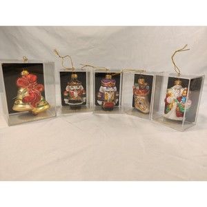 5 Unique Treasure Hand Crafted Glass Ornaments Santa Soldier Bow Bell stocking